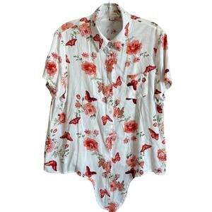 J for Justify Blouse Women 1X White Peach Floral Button Up Tie Waist Grannycore